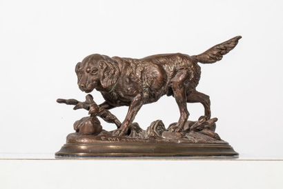 null Édouard Paul DELABRIERRE (1829-1912), chien de chasse à l'arrêt, bronze à patine...