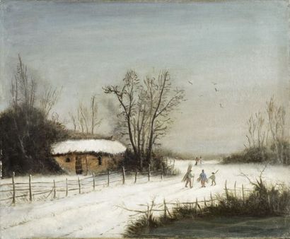 null Ecole FRANCAISE XIXème - Paysage de neige avec un lac gelé et Paysage de neige...