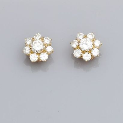 null Petites fleurs d'oreilles d'or jaune, 750 MM, ornées de diamants, poids : 3,2gr....