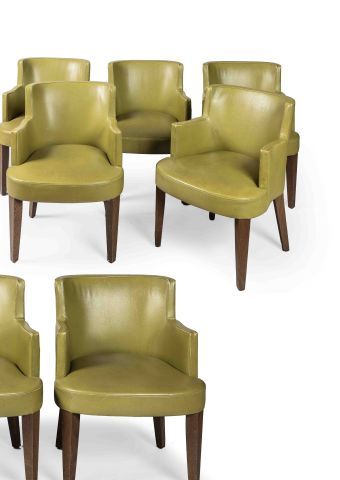 null Philippe HUREL (Né en 1955) - 6 fauteuils, assise en cuir grainé vert - sig...