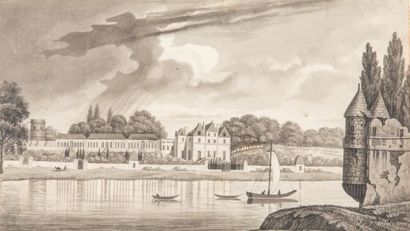 null Ecole FRANCAISE du XIXème siècle, Vue de château et lac, lavis, signé "J. DUPRE,...