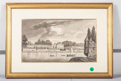 null Ecole FRANCAISE du XIXème siècle, Vue de château et lac, lavis, signé "J. DUPRE,...