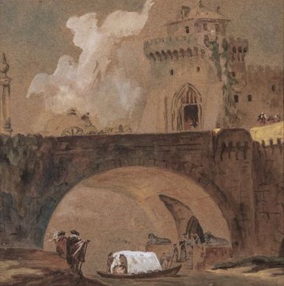 null Attribuée à Hubert ROBERT (1733-1808), Vue d'Italie, aquarelle, à vue: 15 x...