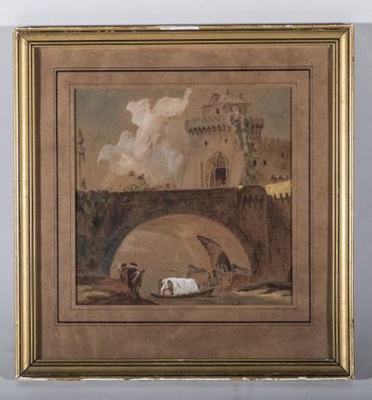 null Attribuée à Hubert ROBERT (1733-1808), Vue d'Italie, aquarelle, à vue: 15 x...