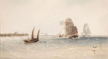 null Dans le goût du XVIIème siècle, Paysage maritime, signé en bas à gauche "F....