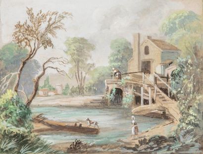 null Ecole FRANCAISE du XIXème siècle, Deux paysages lacustres, gouaches, 15 x 19...