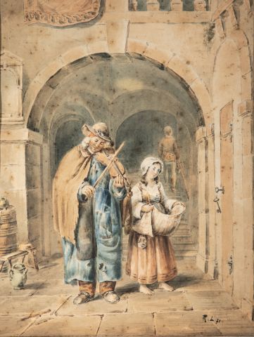 null Ecole FRANCAISE du XIXème siècle, Le musicien à l'entrée de l'église, aquarelle,...