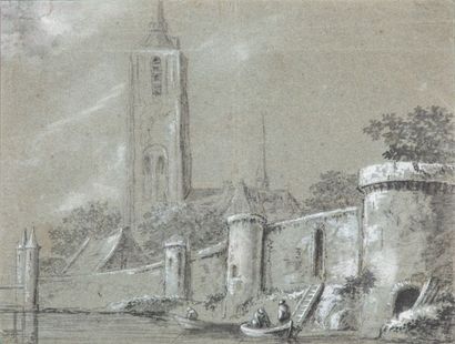 null Ecole HOLLANDAISE du XVIIème siècle, Paysage de rivière avec trois figures dans...