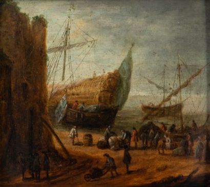 null Ecole flamande XVIII ème - Scène de port avec bateaux et personnages - Huile...