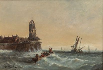 null Ecole HOLLANDAISE du XIXème siècle, Sortie du port par gros temps, huile sur...