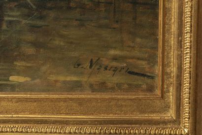 null Gaspard Masiard (Xxème siècle) - Vue d’un port au moulin - Huile sur toile signée...