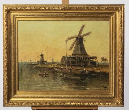 null Gaspard Masiard (Xxème siècle) - Vue d’un port au moulin - Huile sur toile signée...