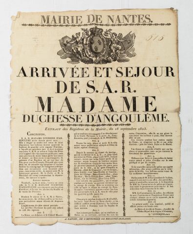 null Edit de la mairie de Nantes sur papier daté du 18 septembre 1843 régulant l'arrivée...