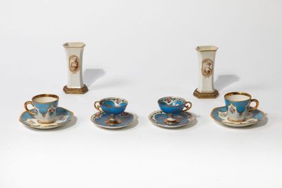 null Ensemble de3 tasse et 4 sous tasses en porcelaine de Sèvres à fond bleu à décor...