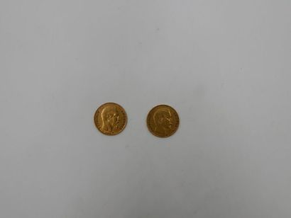 null Deux pièces de 20 francs en or : 2 pièces à l'effigie de Napoléon III Empereur...