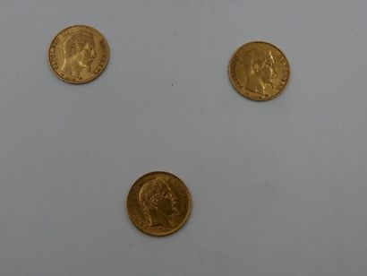 null Trois pièces de 20 francs en or : 3 pièces à l'effigie de Napoléon III Empereur...