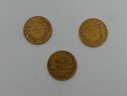 null Trois pièces de 20 francs en or : 3 pièces à l'effigie de Napoléon III Empereur...