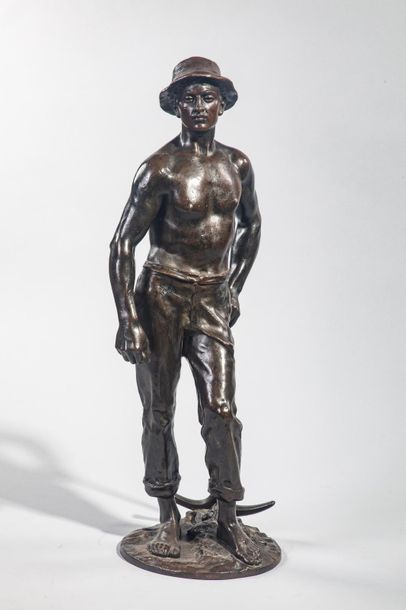 null Adrien GAUDEZ- ( 1845-1902) Le Cantonnier- Sculpture en bronze à patine médaille...