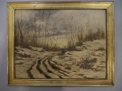 null Eugène DROUET (XIXème-Xxème siècle), Paysage de neige, huile sur panneau, signée...