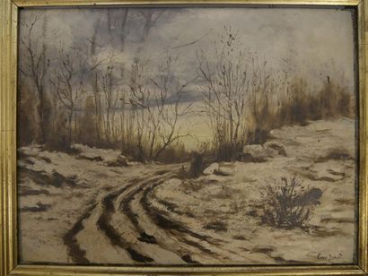 null Eugène DROUET (XIXème-Xxème siècle), Paysage de neige, huile sur panneau, signée...