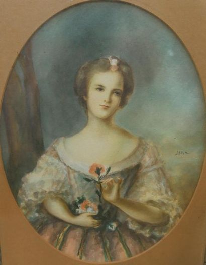 null LELYS,Reproduction Portrait de jeune fille aux fleurs, crayons et aquarelle,...