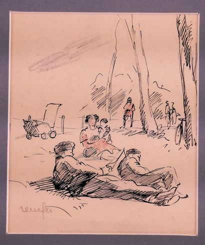 null Raymond RENEFER (1879-1957) - La Farniente - Plume et crayon - Signée en bas...