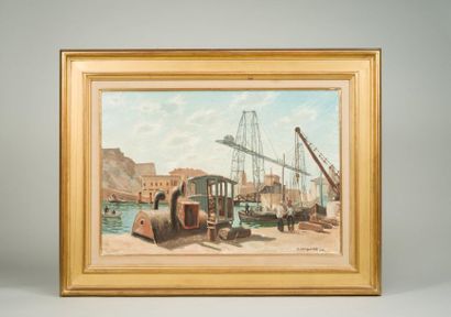 null André HAMBOURG (1909-1999), Le port de Marseille avant la guerre, huile sur...