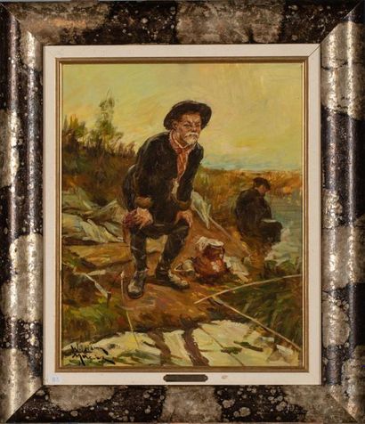 null William MERCIER (XX ème) Le vieux pêcheur à la ligne Huile sur toile signée...