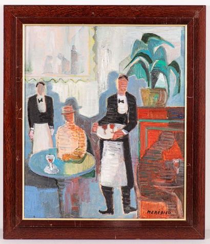 null Robert MEREDIEU (1922), Intérieur d'un restaurant, Huile sur toile, signée en...