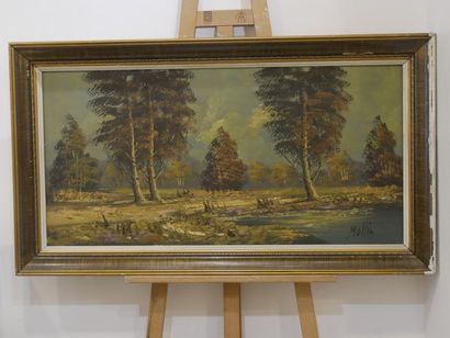 null Ensemble de 5 toiles: CHAUMENY, Scène de chasse, Huile sur toile, 47 x 94 cm....