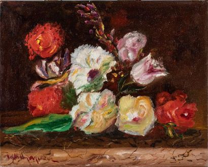 null William MERCIER (Xxème), Bouquet de fleurs Renoncules blanches et rouges- Huile...