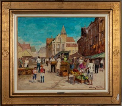 null William MERCIER (XX ème), Le marché sur la place Huile sur toile signée en bas...