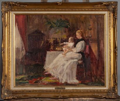 null William MERCIER (Xxème), Femme et son enfant - huile sur toile signée en bas...