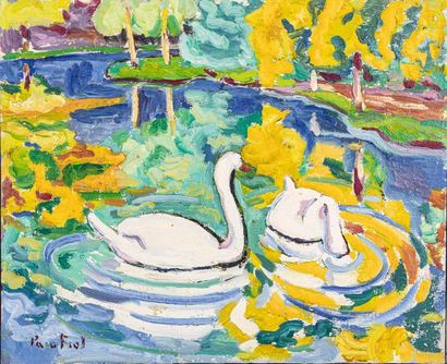 null PACO-FIOL (1939 ), Les cygnes sur l'étang à Versailles, 1973, huile sur toile,...