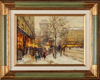 null William MERCIER (XXè), Paris les trottoirs en hiver Huile sur toile signée en...