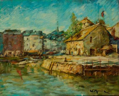 null William MERCIER (Xxème), Bord de canal à Honfleur 4 Huile sur toile signée en...