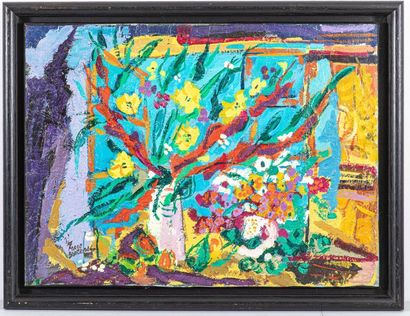 null Marc BOUTEAU (1935), Fleurs devant la fenêtre, huile sur toile, signée en bas...
