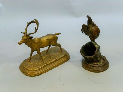null Ensemble de deux bronzes: A. CAIN, Coq se tenant sur un panier en osier, Bronze...