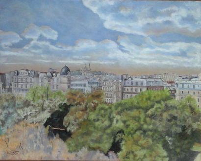 DOSIERE Edouard "Paris" vue des Buttes Chaument " Huile sur toile de 92 x 73 cm signée...