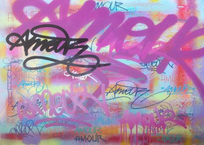 HARI "Graffiti Amour" Acrylique spray et encre sur toile 49,5 x 70 cm signée et contre...