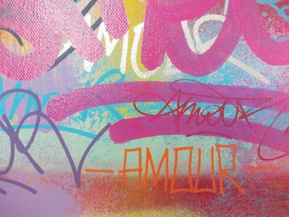 HARI "Graffiti Amour" Acrylique spray et encre sur toile 49,5 x 70 cm signée et contre...