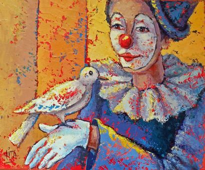 BERTAUDIERE Nita "Clown à la colombe" Huile sur toile 55 x 46 cm signée.

Frais de...