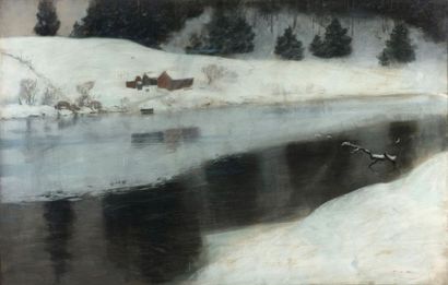 FRITZ THAULOW (1847-1906) " Bord de la rivière Simoa en hiver à Modum " de 1883 Pastel...