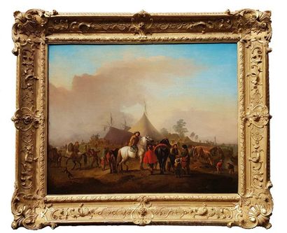 Le campement militaire Huile sur toile c.1800, 81 x 66 cm monogrammée " P.W ", beau...
