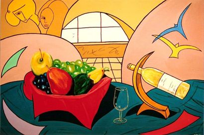 HANIZET Raymond "Composition pour Fruits & Verres (2443)" Acrylique sur toile 67...