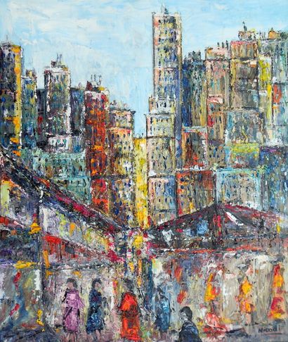 NICODI "Boutiques in the shadow of the Towers" Oil on canvas 46 x 55 cm signed lower...