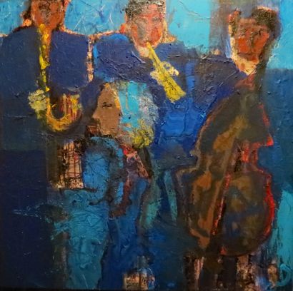 DONNEAUD Jacques "Jazz bleu" Acrylique sur toile 
100 x 100 cm signée en bas 
titrée...