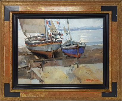FENOUIL Hervé (1936) " Barques sur la plage " Huile sur toile de 1991, 33x41cm et...