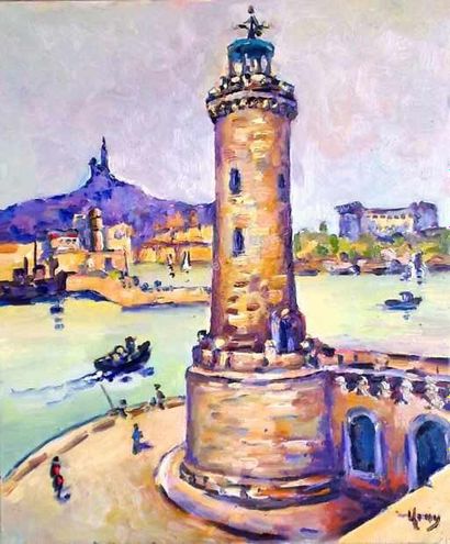 HELLY Serge 
" Le phare Sainte Marie " Huile sur toile 55 x 46 cm signée en bas à...