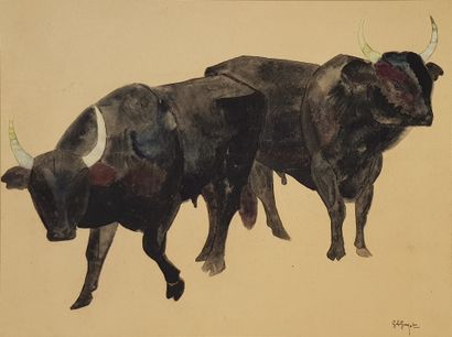 Georges Lucien GUYOT (1885-1973) 
Taureaux
 Aquarelle de 1925, 30 x 40 cm (53 x 63...